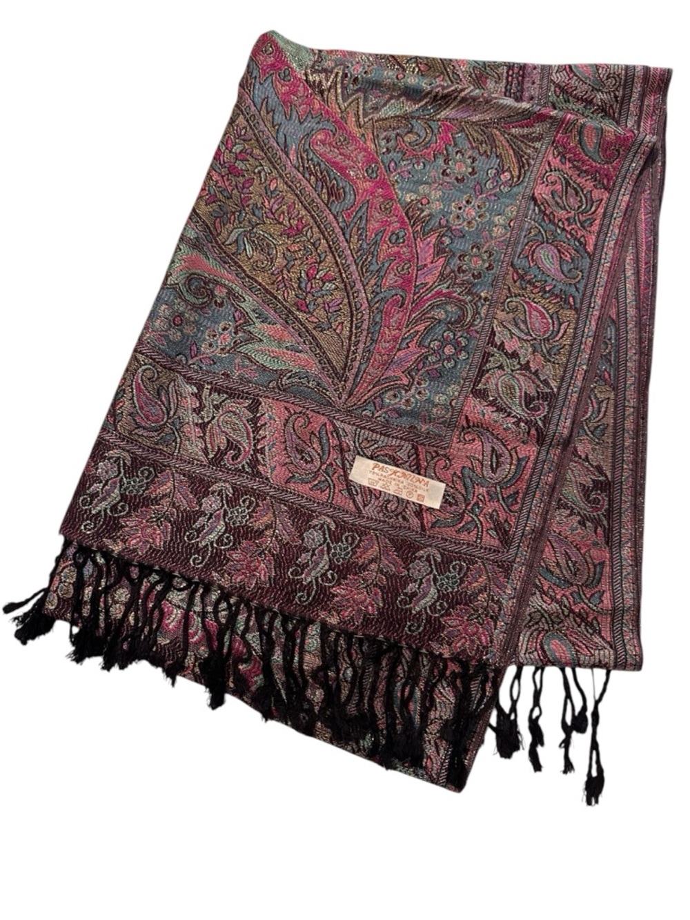 Pashmina Pink, Teal and Gold Shimmer Paisley Woven Oversized Scarf